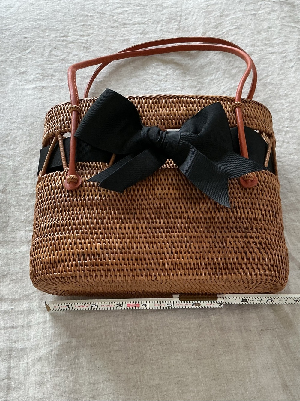Woven Brown Rattan Tote with Black Bow Accent, Excellent condition